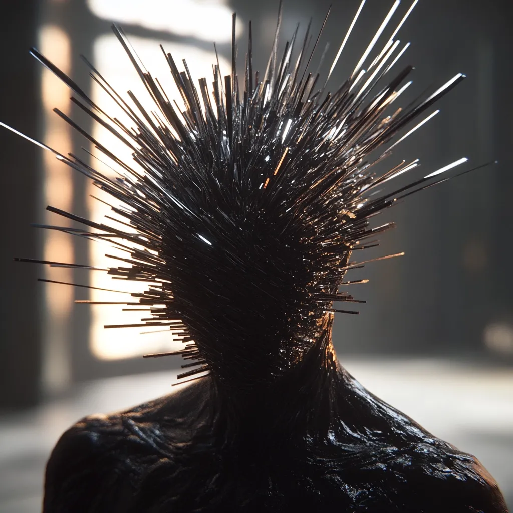 A dark, humanoid figure is depicted, its head adorned with a striking crown of sharp, spiky protrusions radiating outwards.  The figure's skin appears smooth yet textured, possibly oily or wet, contrasting with the sharp edges of its headpiece. The background is blurred, suggesting an industrial or desolate setting, emphasizing the figure's stark and otherworldly presence. The lighting highlights the texture and the sharp contrast between the figure and its surroundings.