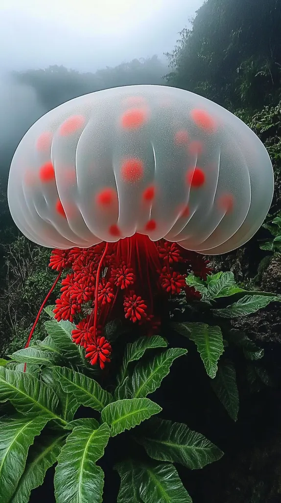 A translucent, dome-shaped organism, reminiscent of a jellyfish, hovers above vibrant red flowers and lush green foliage.  The organism's body is speckled with bright red dots, contrasting beautifully with the deep green leaves.  A misty background suggests a humid, possibly tropical environment. The overall image is surreal and visually striking.