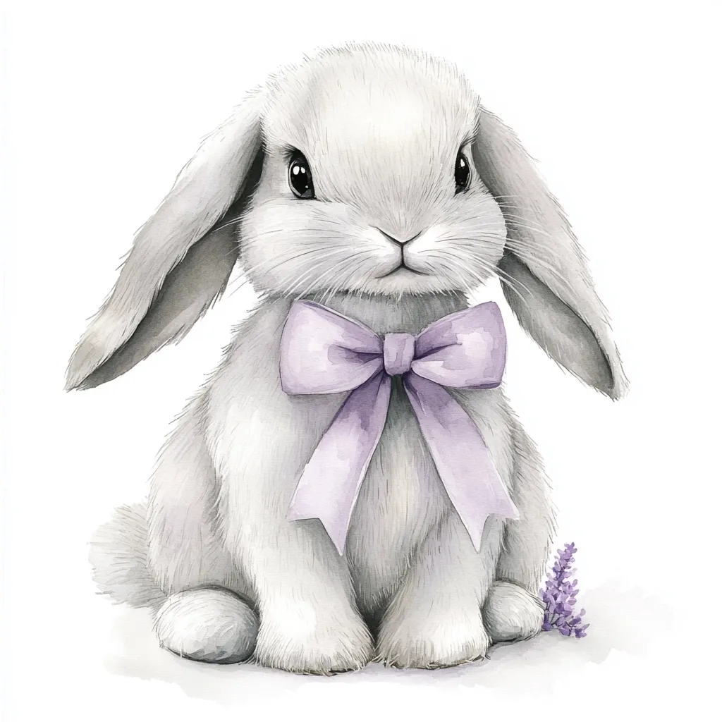 A watercolor painting depicts an adorable, fluffy grey bunny rabbit sitting upright.  Its long ears droop slightly, and it wears a delicate lavender bow around its neck. A small sprig of lavender sits beside the bunny, adding a touch of springtime charm to the sweet, whimsical illustration. The bunny's expression is calm and endearing.