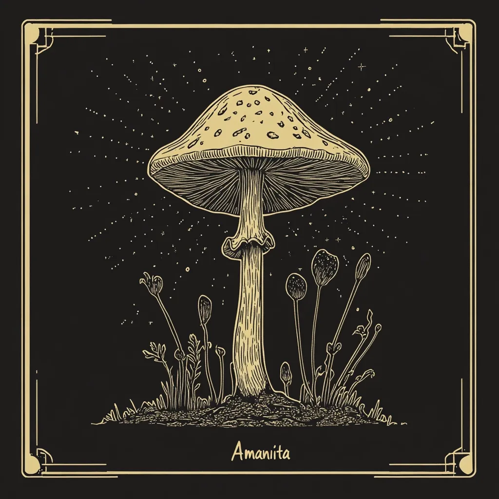 A detailed line drawing of an Amanita mushroom against a dark background.  The mushroom is depicted with a large cap speckled with spots, a thick stem, and delicate surrounding flora.  A celestial, starry effect surrounds the mushroom, adding a mystical quality. The art style is reminiscent of vintage botanical illustrations or occult symbolism, framed with an ornate border.  The word "Amanita" is elegantly inscribed below.