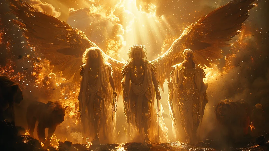Three majestic figures, adorned in golden attire and immense feathered wings, stride forward amidst a fiery, ethereal landscape.  Surrounding them are large felines, adding to the dramatic, almost apocalyptic scene.  Golden light emanates from above, illuminating the powerful figures and their celestial presence. The overall effect is one of divine power and fiery majesty.