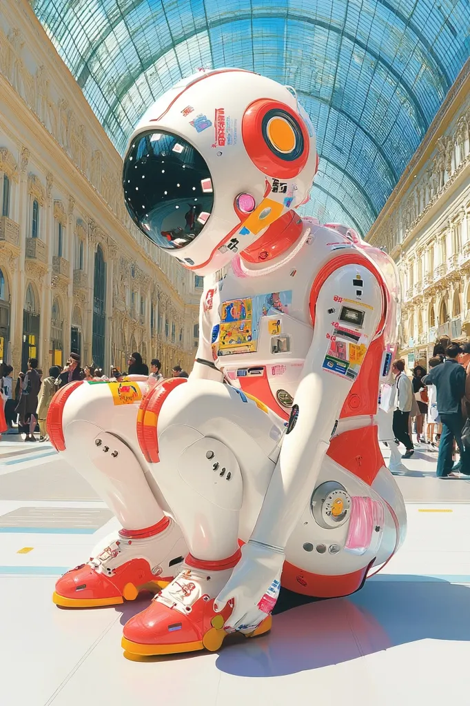 A large, whimsical robot, resembling an astronaut, sits in a bright, airy shopping arcade.  Its white and red suit is adorned with stickers and playful details.  The robot's helmet is large and round, with a dark visor.  The figure's pose is relaxed, its shoes bright orange and yellow, contrasting against the clean lines of its body.  Shoppers are visible in the background, adding a touch of everyday life to the futuristic scene.