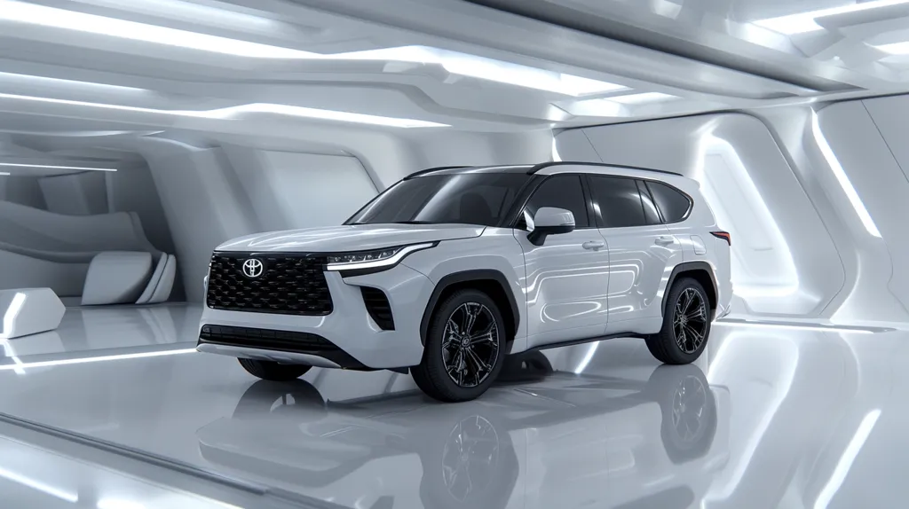 A white Toyota Grand Highlander SUV is showcased in a futuristic, minimalist white room.  The vehicle is centrally positioned, reflecting on the glossy floor.  The sleek design of the SUV is highlighted against the clean, modern backdrop.  The lighting emphasizes the car's curves and details, creating a polished and sophisticated image.