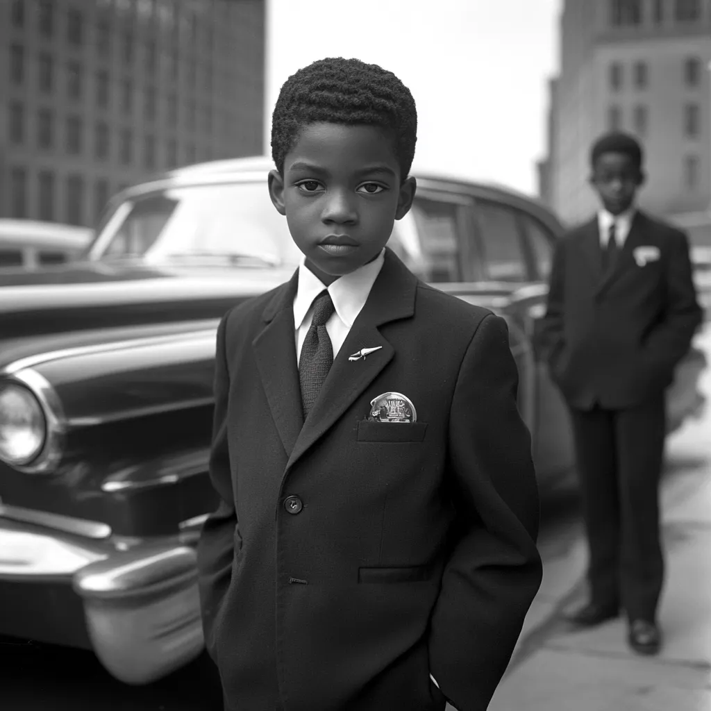 A young Black boy in a sharp suit stands confidently before a vintage car.  His serious expression and neatly pressed attire contrast with the blurred background of a city street and another man in a suit.  A small, circular pin is visible in his breast pocket, adding a detail to his formal look. The monochromatic image captures a moment of quiet dignity.