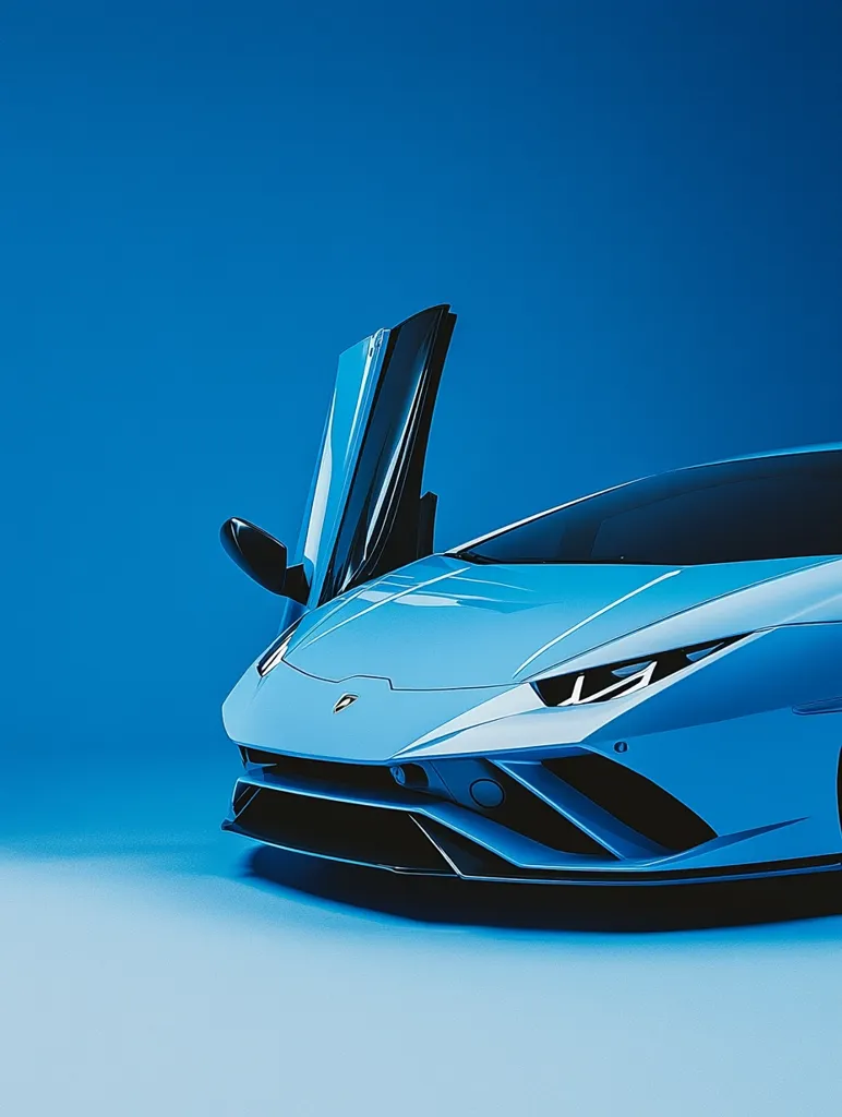 A light blue Lamborghini Huracán Evo is showcased against a matching blue backdrop.  The car's scissor doors are partially open, revealing its sleek interior.  The image emphasizes the car's sharp lines and aerodynamic design, highlighting its luxurious and sporty nature. The minimalist setting focuses attention solely on the vehicle.