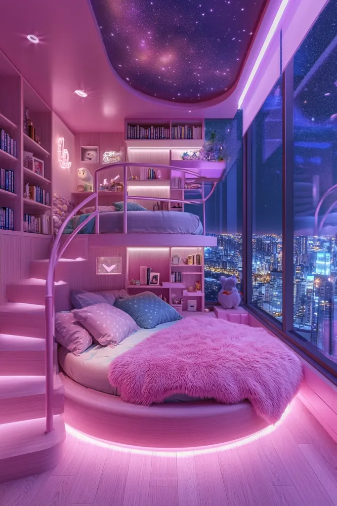 A dreamy purple bedroom features a circular bed with a fluffy pink throw, illuminated by LED strip lighting.  A built-in bunk bed with a spiral staircase leads to an upper sleeping area.  Bookshelves line the walls, and a large window offers a stunning nighttime city view.  The ceiling is decorated with a galaxy-themed design. The overall atmosphere is whimsical and luxurious.