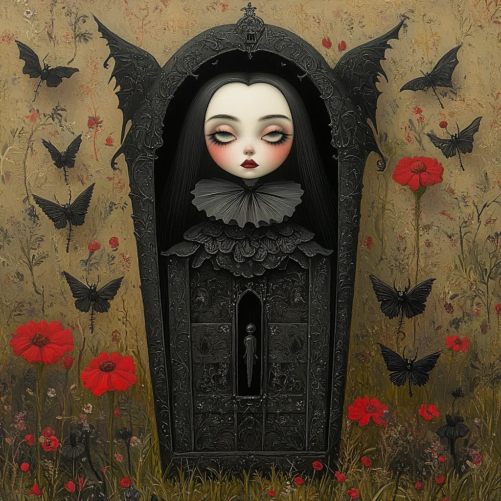 A dark, gothic-style illustration features a pale-skinned doll-like girl with long black hair, dressed in black Victorian attire.  She is enclosed within an ornate, black coffin-shaped structure, adorned with intricate detailing.  The background depicts a field of red poppies and numerous black butterflies, creating a whimsical yet melancholic atmosphere. The overall style is reminiscent of fantasy art with a touch of macabre.