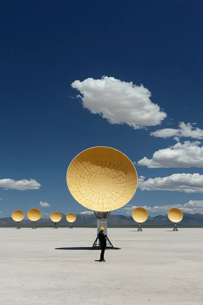 Under a vast blue sky dotted with fluffy white clouds, a technician stands before a large, golden satellite dish.  Several smaller, identical dishes are arranged symmetrically in the distance across a flat, white desert landscape.  Mountains are faintly visible on the horizon. The scene evokes a sense of scale and technological exploration in a remote, arid environment.