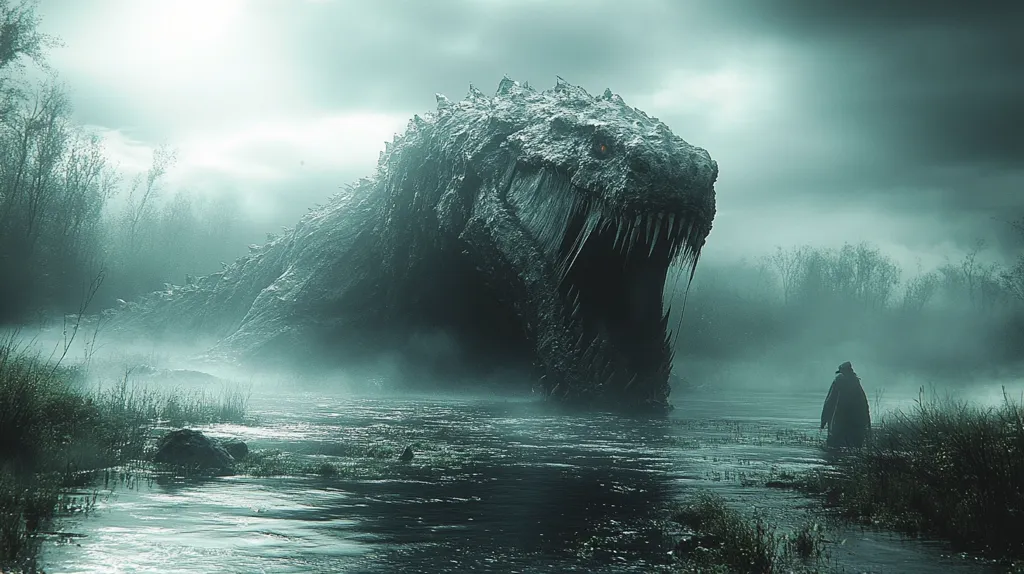 A colossal, reptilian creature, resembling a monstrous dinosaur, emerges from a misty swamp.  Its massive form dominates the scene, its jagged teeth bared in a menacing grin.  A solitary, cloaked figure stands on the riverbank, dwarfed by the beast's immense size, creating a stark contrast of scale and a palpable sense of foreboding. The overall atmosphere is dark, mysterious, and deeply unsettling.