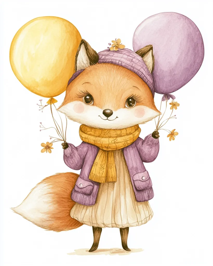 An adorable fox, wearing a purple cardigan, cream dress, and yellow scarf, holds two balloons – one yellow and one purple.  Small flowers adorn the balloon stems. The fox has a fluffy tail and expressive eyes, creating a charming watercolor illustration.  The overall style is cute and whimsical, suitable for children's books or prints.