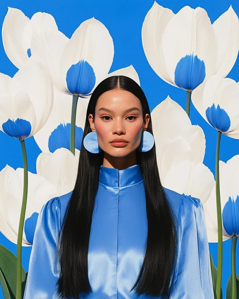 A woman with long black hair and rosy cheeks wears a vibrant blue satin blouse and matching circular earrings.  She is positioned against a backdrop of large white tulips with blue accents, creating a striking contrast of color and texture. The image is a stylized portrait with a bold, graphic feel.