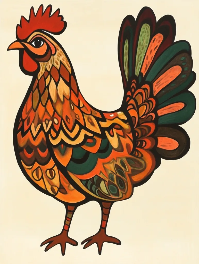 A stylized rooster is depicted in vibrant oranges, reds, and greens.  Its plumage is rendered with intricate, swirling patterns, suggesting feathers in an abstract, almost folk-art style.  The bird stands proudly, its comb erect, against a cream-colored background, showcasing a bold and decorative design.  The rooster's features are simplified, yet expressive.