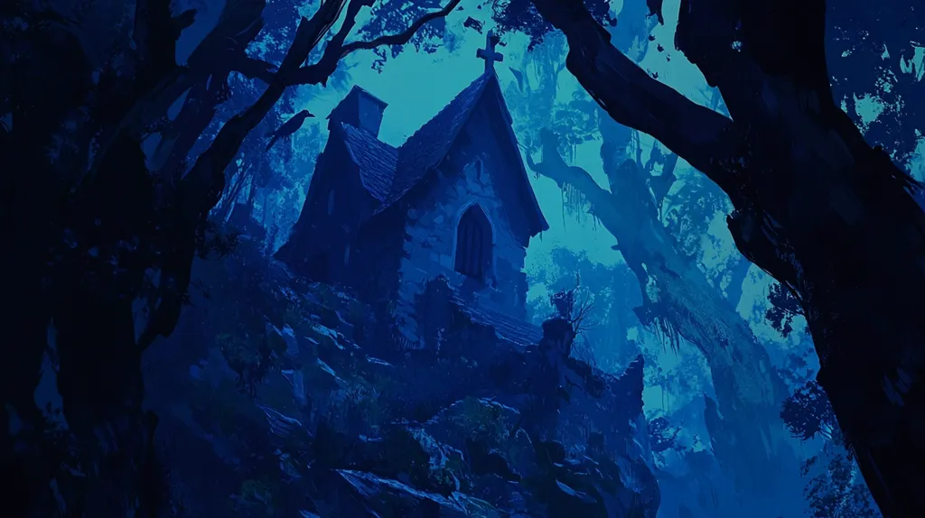 A small, stone chapel, topped with a cross, sits perched on a rocky hillside, shrouded in a deep blue twilight.  Tall, dark trees loom overhead, their branches creating a shadowy canopy.  The overall atmosphere is mysterious and evocative of a gothic fairytale.  A sense of isolation and quiet permeates the scene.