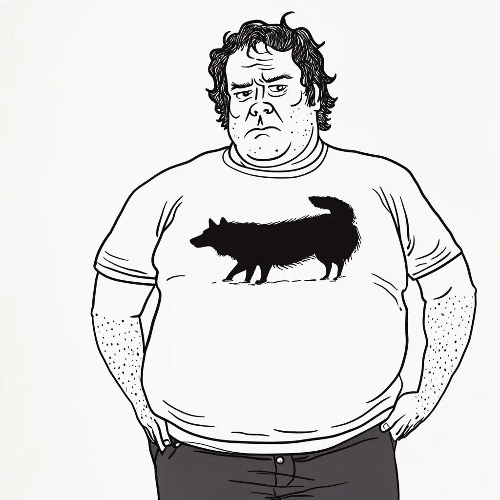 A line drawing depicts a large, overweight man with curly hair and a serious expression. He wears a simple white t-shirt featuring a black silhouette of a dog, and dark-colored pants. His hands are in his pockets, and his overall demeanor suggests a quiet, possibly grumpy disposition.  The style is minimalist and cartoonish.