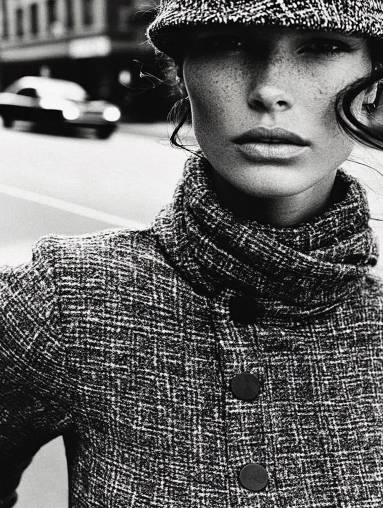 A black and white portrait of a woman wearing a tweed newsboy cap and a matching textured coat.  Her face is partially shadowed, emphasizing her freckles and intense gaze. The background is blurred, showing a city street with a car, creating a stark contrast between the subject and her surroundings. The overall mood is moody and stylish.