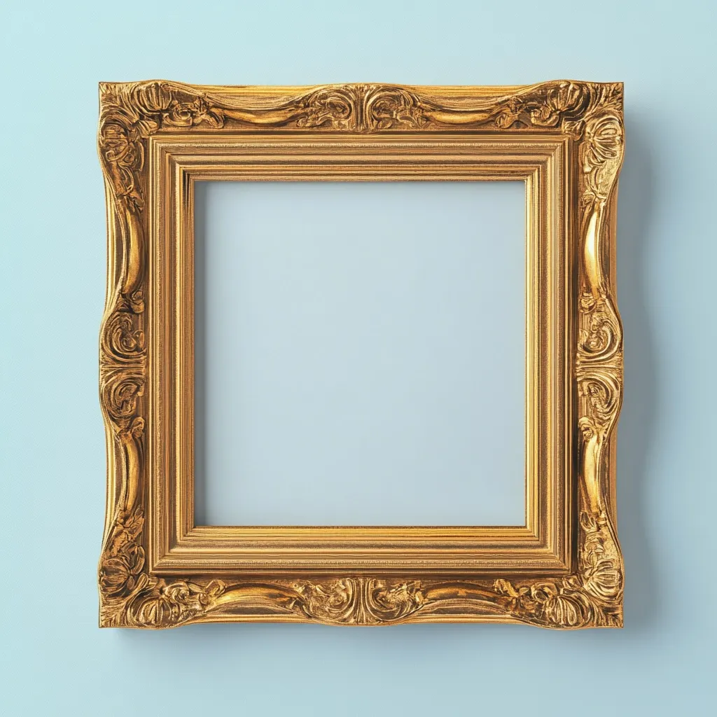 A gold ornate picture frame sits against a pale blue background.  The frame is square with a heavily embellished, rococo-style border.  The frame is empty, providing space for a picture or artwork. Its rich gold color contrasts beautifully with the muted background, creating a visually appealing image.