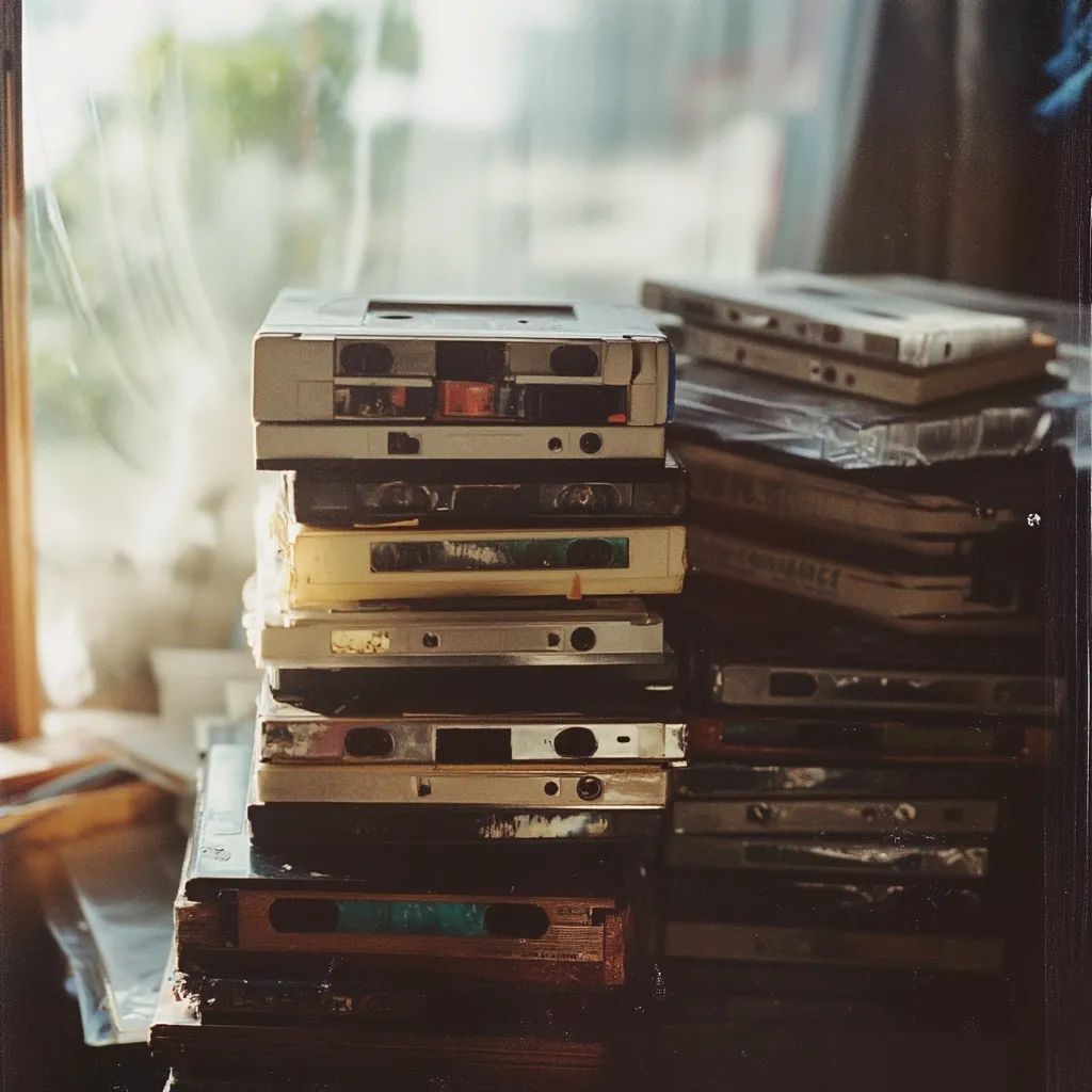 A stack of vintage videotapes and cassette tapes sits on a wooden surface near a window.  The tapes are various sizes and colors, showing signs of age and use.  The scene is bathed in soft, warm light, creating a nostalgic and slightly melancholic atmosphere. The background is blurred, focusing attention on the pile of obsolete media.  The overall impression is one of forgotten memories and bygone technology.