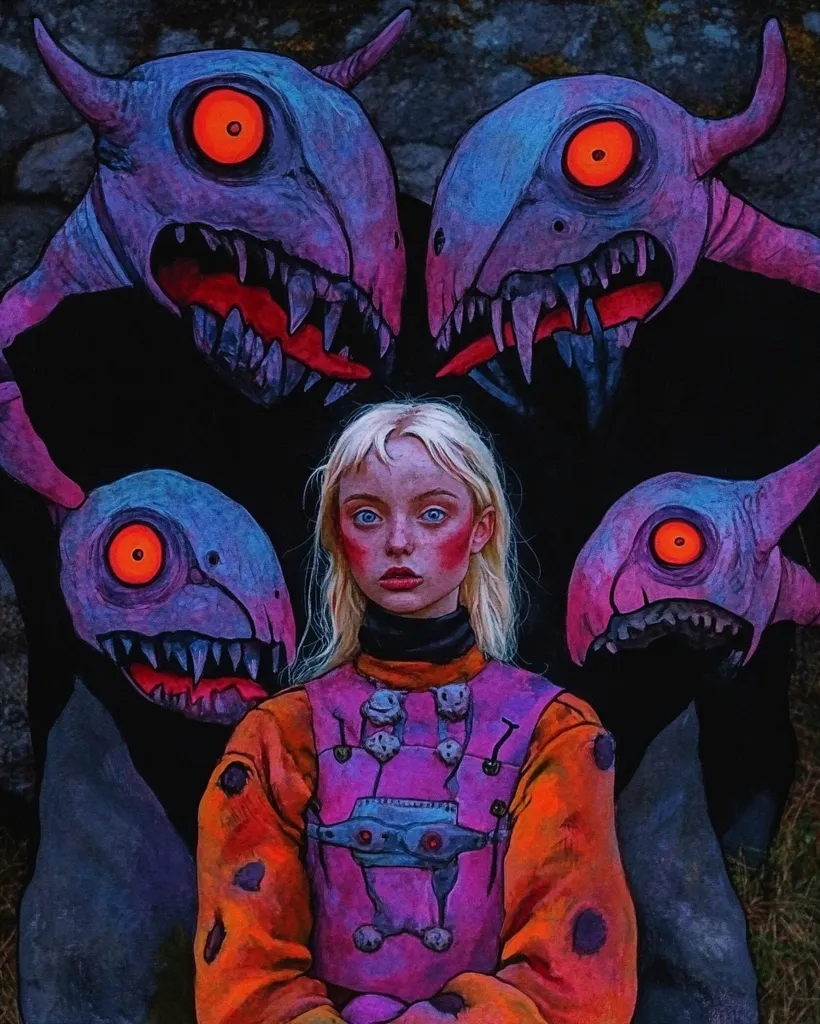 A young, fair-skinned girl with blonde hair is surrounded by four menacing, purple creatures.  The creatures have sharp teeth, large orange eyes, and horns. The girl wears an orange jacket over a purple vest with a mechanical design. The painting's dark, moody palette and contrasting figures create a surreal and unsettling atmosphere. The overall style suggests fantasy or dark art.