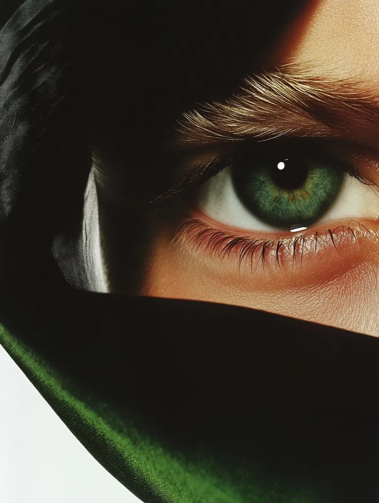 A close-up reveals a single, striking green eye partially obscured by a dark green fabric.  The eye is intense, with long lashes and a pronounced brow.  The fabric drapes over the face, creating a mysterious and captivating image.  The contrast between the bright eye and the dark fabric emphasizes the depth and intrigue of the scene.