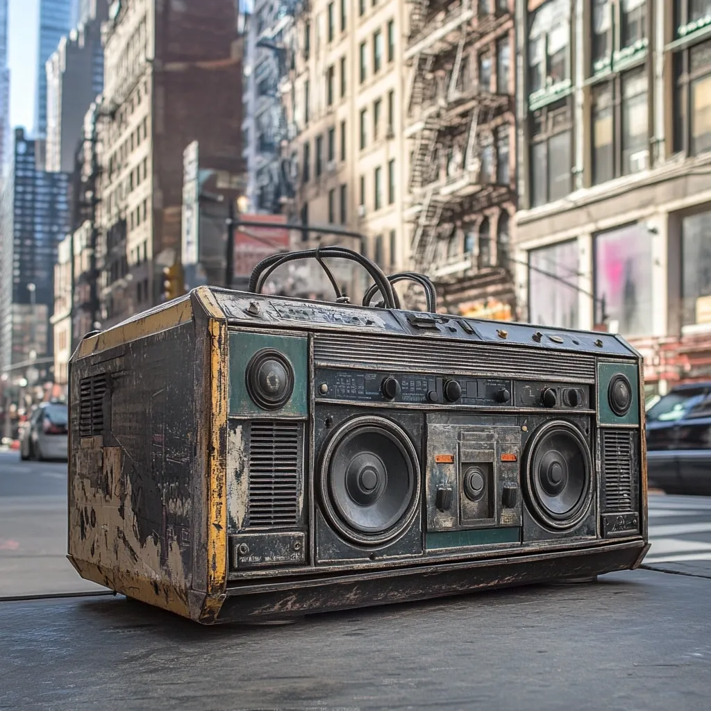 A weathered, vintage boombox sits on a city street, its paint chipped and scratched. The backdrop is a blurred cityscape of New York-style buildings. The boombox appears abandoned, its once vibrant colors dulled by time and exposure. The image evokes a sense of nostalgia and urban decay, suggesting a story of forgotten memories and bygone eras.