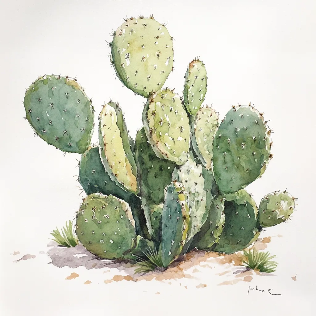 A watercolor painting depicts a prickly pear cactus.  Multiple pads of varying shades of green cluster together, showcasing the cactus's textured surface and delicate spines.  The cactus sits on a small mound of light brown earth with sparse tufts of grass at its base, creating a desert-like setting against a clean white background.  The artist's signature is subtly placed in the lower right corner.