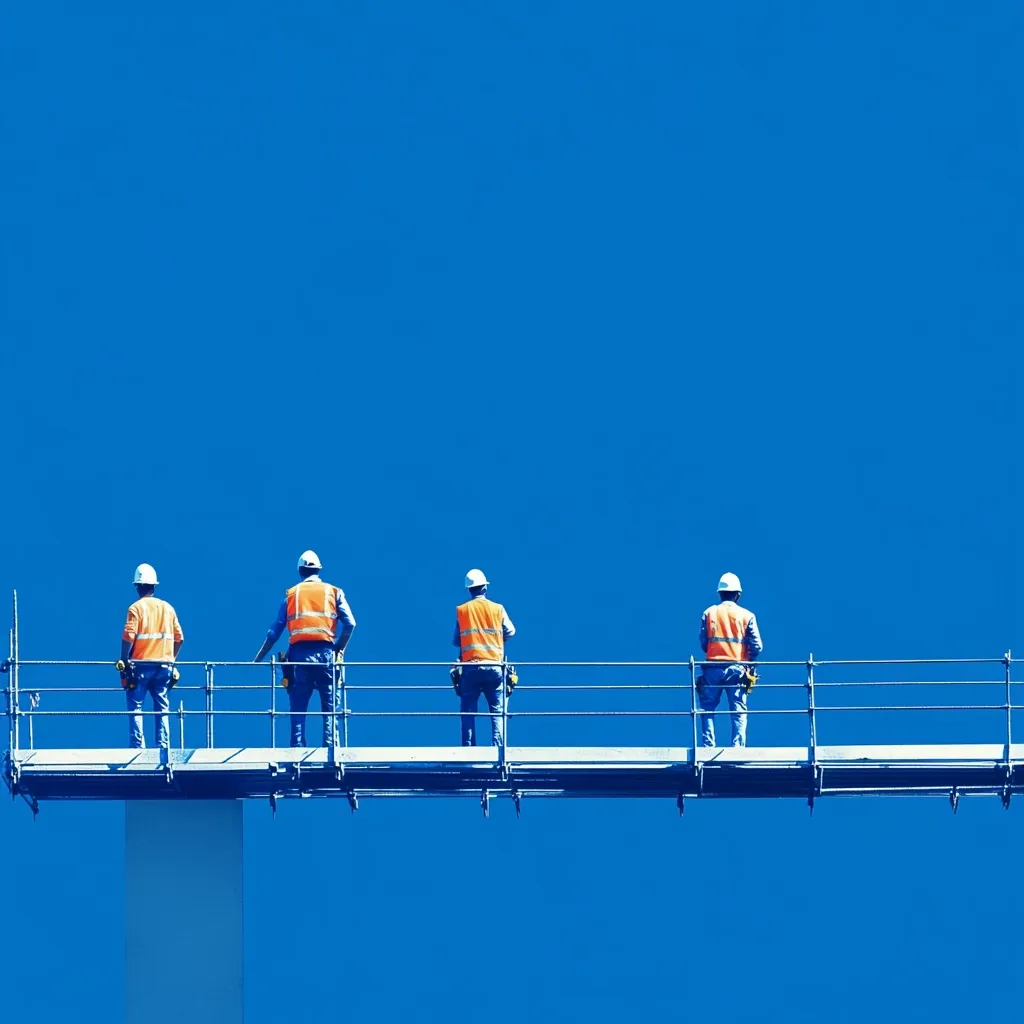 Four construction workers, wearing hard hats and bright orange safety vests, stand on a metal scaffolding platform against a vibrant blue sky.  They are viewed from behind, facing away from the camera. The scene is minimalist, emphasizing the workers' isolation against the vast expanse of the sky.