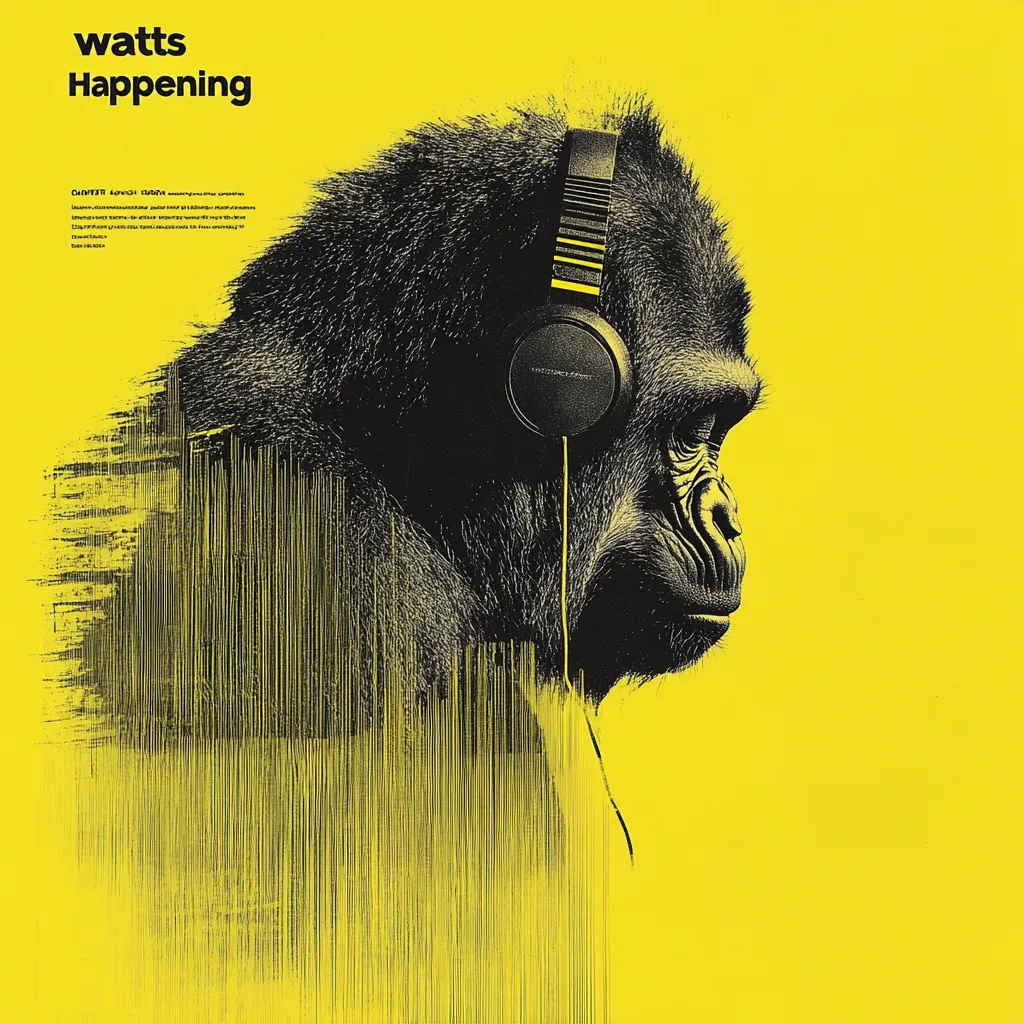 A striking graphic features a gorilla's profile in black and white against a vibrant yellow background. The gorilla wears headphones, suggesting a theme of music or listening.  Abstract vertical lines, mimicking sound waves, flow from the gorilla's head, adding a dynamic and artistic element. The title "Watts Happening" is prominently displayed, further emphasizing the audio connection.