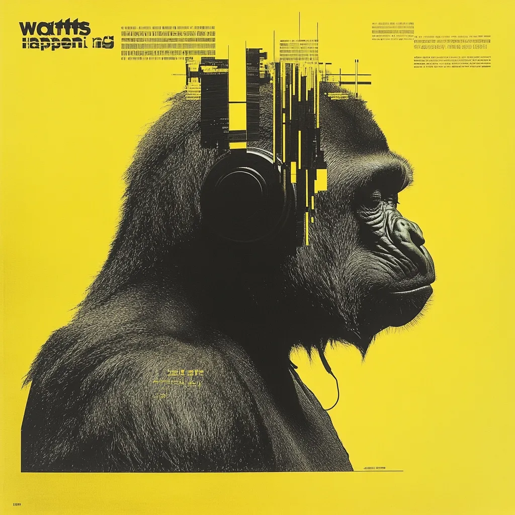 A stylized black and white gorilla profile dominates a vibrant yellow background.  Overlaid on the gorilla's head is a cityscape graphic, partially obscured by large black headphones. The text "watts happening" is prominently displayed in the top left corner, suggesting a theme of urban energy and sound. The overall aesthetic is bold and graphic, merging nature with technology.