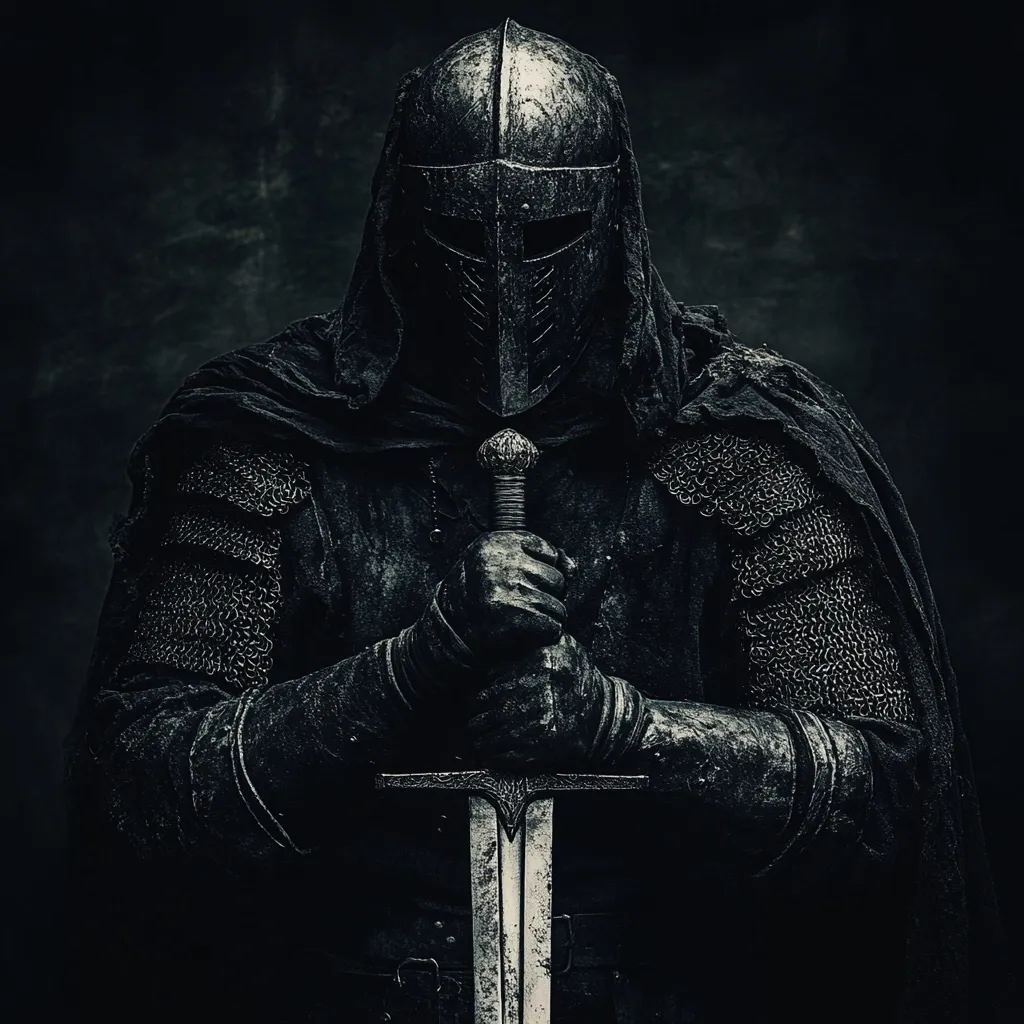 A dark, brooding knight stands against a shadowy background.  Clad in blackened armor and a hooded cloak, his face is obscured by a great helm. He holds a long sword before him, his hands clasped tightly around the hilt.  The image evokes a sense of mystery and formidable power, suggesting a seasoned warrior shrouded in darkness. The overall tone is grim and dramatic.