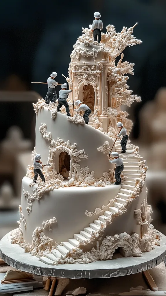 A breathtaking tiered wedding cake resembles a miniature, crumbling palace.  Tiny figurines of bakers meticulously work on the elaborate structure, complete with intricate stairs, ornate details, and overgrown foliage.  The cake is predominantly off-white, with delicate frosting textures suggesting age and decay, creating a stunningly artistic and whimsical scene.