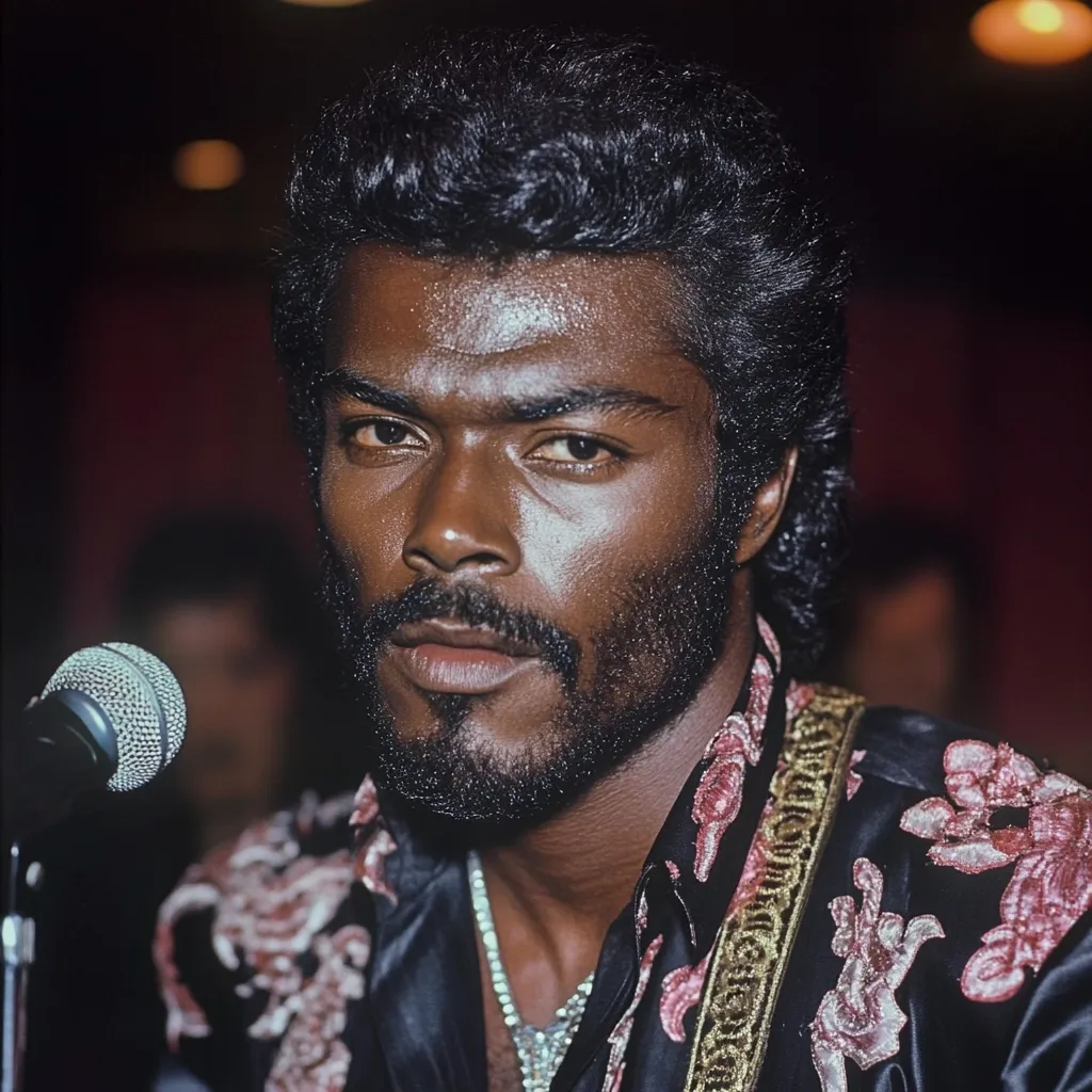Close-up portrait of Barry White, the renowned singer, in a dimly lit setting. He's captured in a serious expression, his dark eyes engaging the camera directly.  His signature mustache and neatly styled hair are prominent.  He wears an ornate, dark jacket with embroidered floral details and a gold chain necklace. A microphone is visible in the foreground.  The image exudes a sense of soulful intensity.