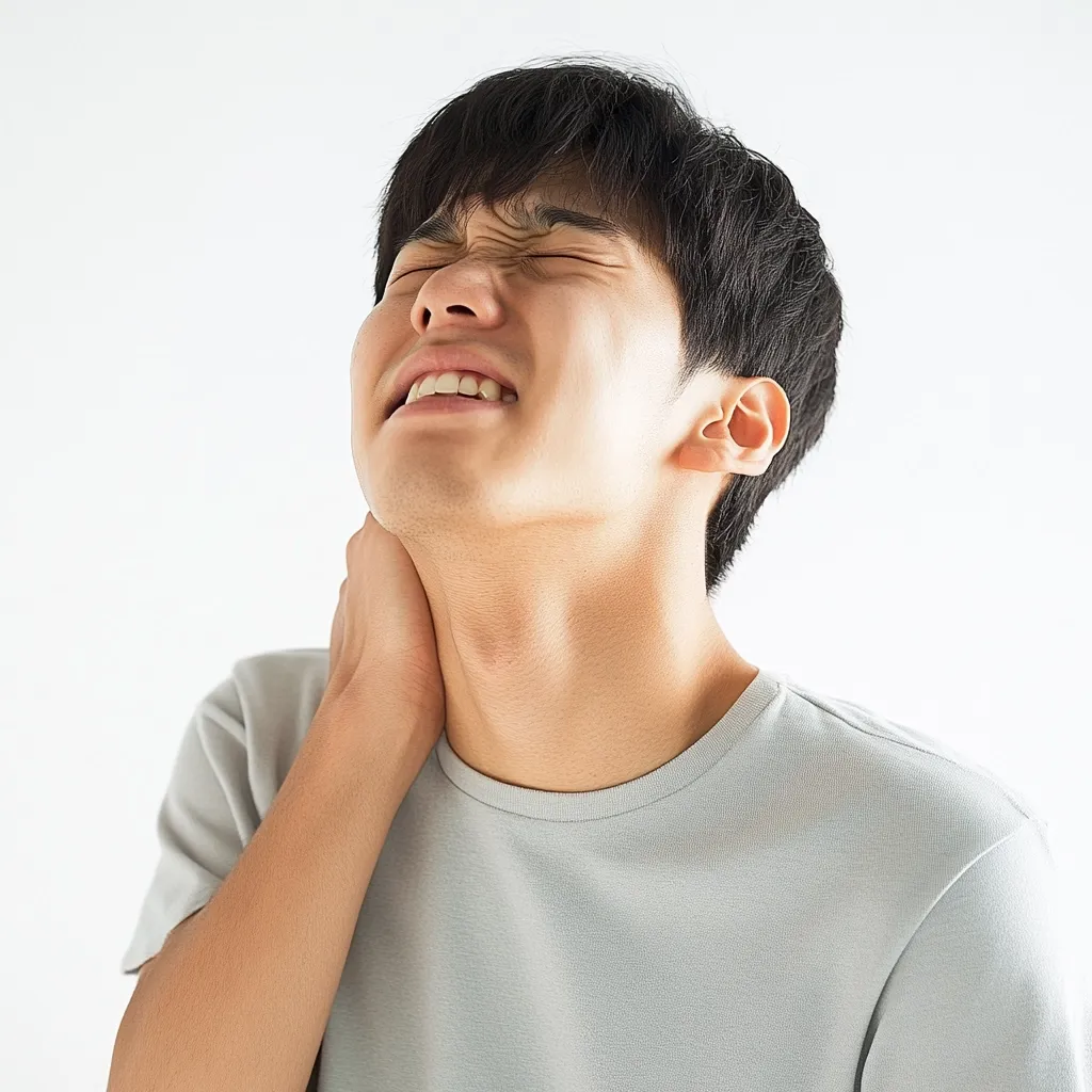 A young man with short black hair is shown from the chest up against a white background. He is grimacing in pain, his eyes squeezed shut, and his hand is clutching his neck. His expression suggests discomfort or injury. He is wearing a light gray crew neck t-shirt.  The image conveys a sense of physical distress.
