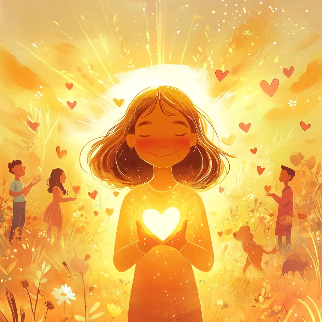 A girl with closed eyes, glowing with inner light, holds a radiant heart in her hands.  Surrounding her, small hearts float in a sun-drenched field, where other children and animals share a peaceful atmosphere.  The overall tone is one of warmth, love, and gentle joy, conveying a message of kindness and inner peace. The style is whimsical and softly luminous.