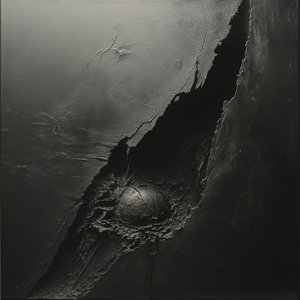A monochromatic abstract painting, rendered in shades of black, features a dramatic fissure across its surface.  The texture is heavily impastoed, creating a sense of depth and ruggedness.  A dark sphere nestles within the crevice, adding a focal point to the overall textured composition.  The piece evokes feelings of mystery and geological formations.