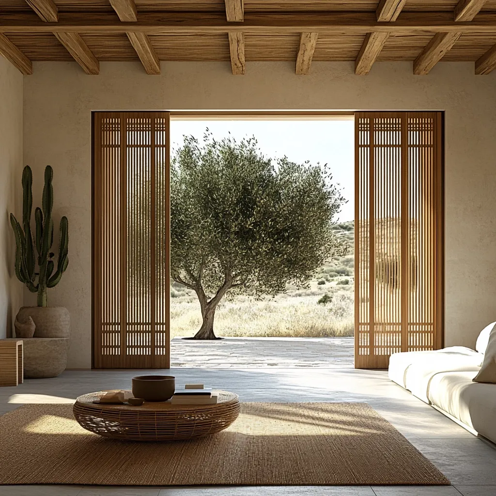 A minimalist living space features large, sliding wood panels opening to a sun-drenched patio with an olive tree.  Neutral tones dominate, with a woven rug, low coffee table, and a white sofa creating a serene atmosphere. A tall cactus adds a touch of natural texture. The wooden ceiling beams and earthy palette enhance the room's calming ambiance.