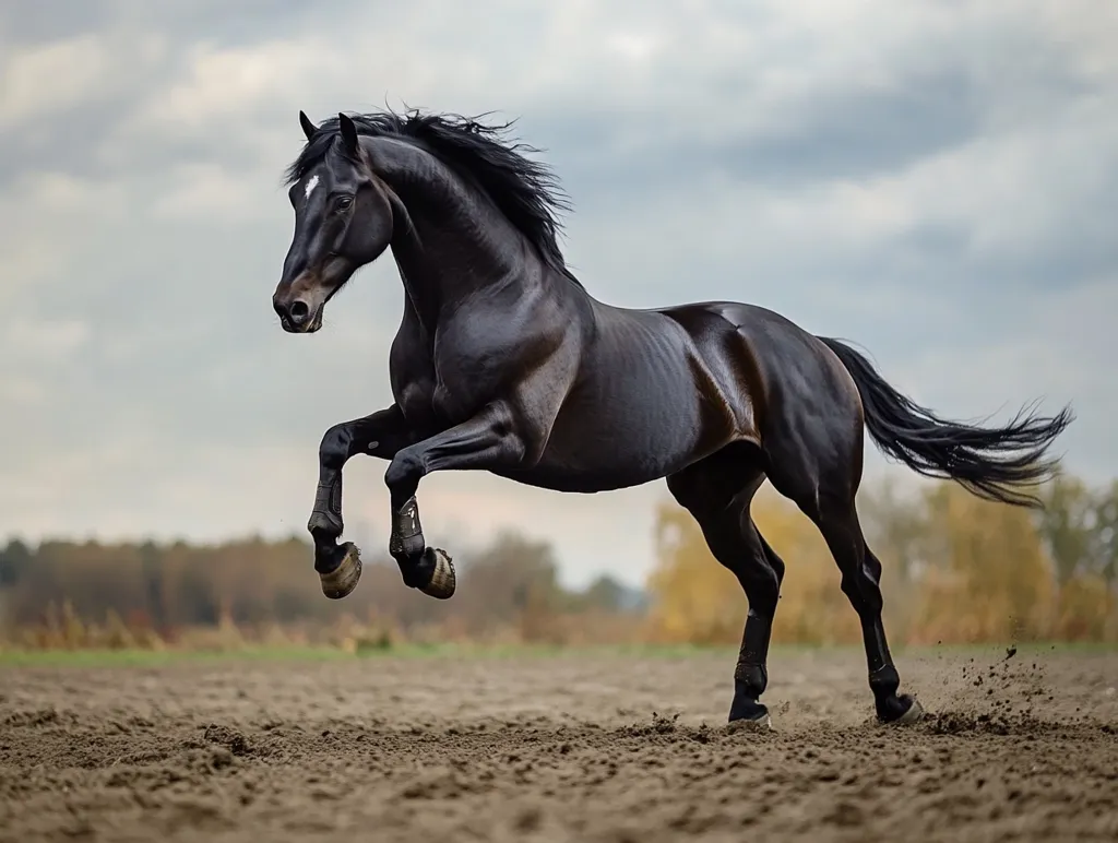 A majestic black stallion leaps powerfully across a dirt field, its muscles rippling.  Its long, flowing mane and tail whip in the wind.  The horse is captured mid-air, hooves extended, against a backdrop of a muted autumnal landscape and cloudy sky. The image conveys strength, grace, and the untamed beauty of the animal.