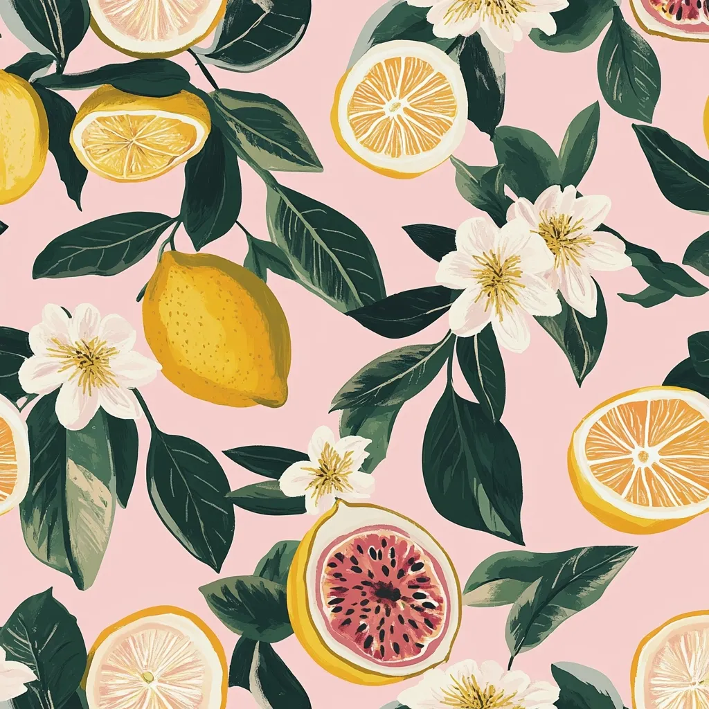 A vibrant pink background showcases a seamless pattern of lemons and blossoms.  Whole lemons and lemon slices are interspersed with halved figs and delicate white flowers. Lush green leaves create a tropical feel, emphasizing the bright citrus fruits. The illustration style is painterly, with visible brushstrokes adding texture and depth.  The overall effect is cheerful and summery.