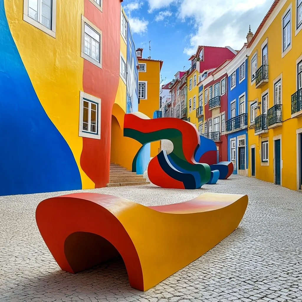 A vibrant street scene features brightly colored buildings in shades of yellow, red, and blue, their facades adorned with whimsical, abstract curves.  Modern, colorful sculptures in similar hues are integrated into the architecture, creating a playful and artistic atmosphere.  The cobblestone street adds texture, enhancing the overall bold aesthetic. The scene is sunny and cheerful.