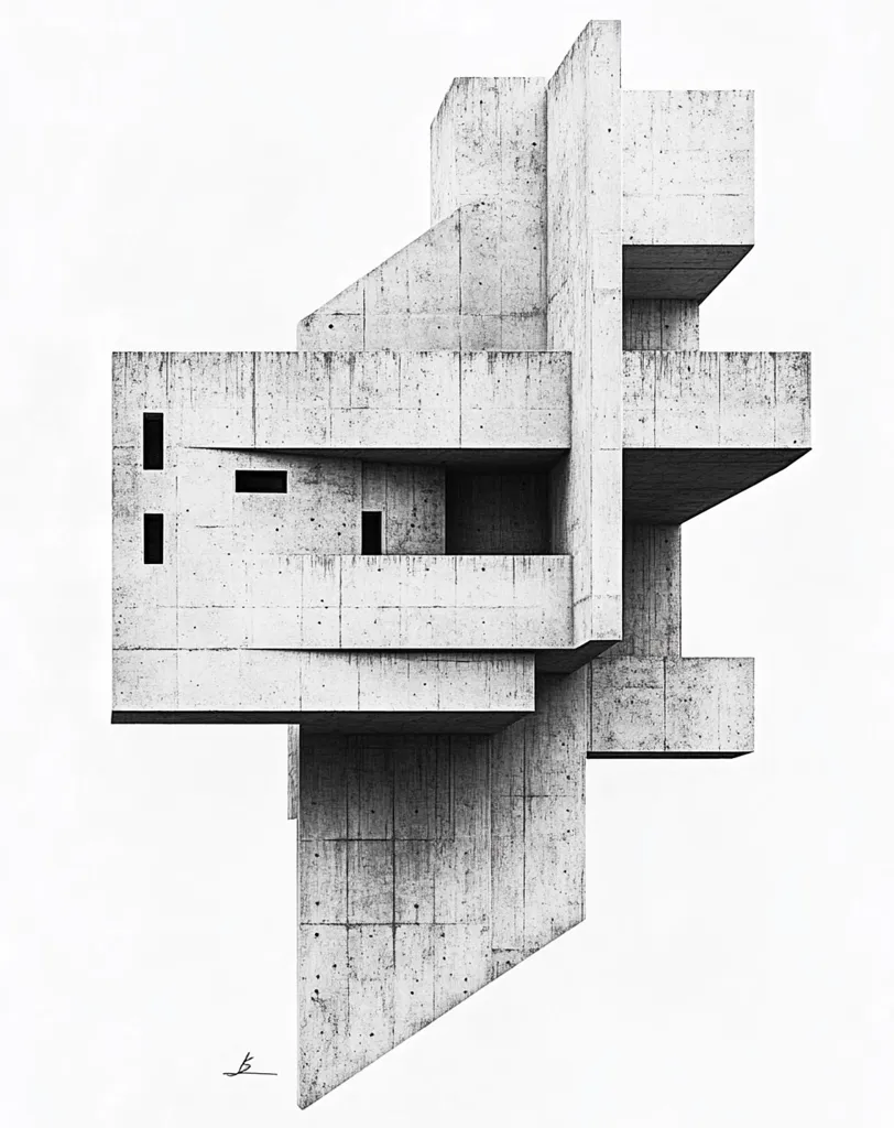 A grayscale illustration depicts a Brutalist-style concrete building.  Its design is characterized by a complex arrangement of geometric forms, jutting angles, and stark, unadorned surfaces.  The structure appears to be floating against a white background, emphasizing its solid, imposing presence and architectural complexity.  Small, evenly spaced windows punctuate the concrete mass.