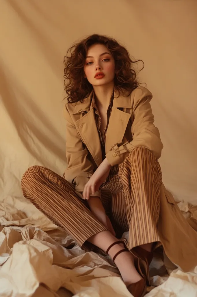 A young woman with curly brown hair sits on crumpled beige fabric, wearing a matching beige trench coat and striped pantsuit.  Her makeup is subtly enhanced, with a focus on warm tones. She gazes directly at the camera, exuding a confident and stylish demeanor. The overall aesthetic is warm, earthy, and sophisticated.  The image evokes a sense of relaxed elegance.