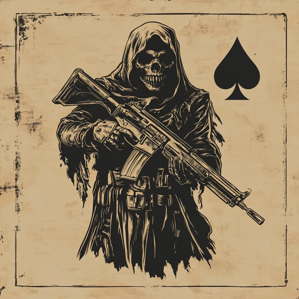 A grim illustration depicts a hooded skeletal figure, reminiscent of the Grim Reaper, holding an assault rifle. The figure is rendered in stark black and white, against a textured beige background, resembling aged parchment. A black spade symbol, suggestive of playing cards, is positioned in the upper right corner. The overall style is reminiscent of a vintage poster or playing card design with a dark, military theme.