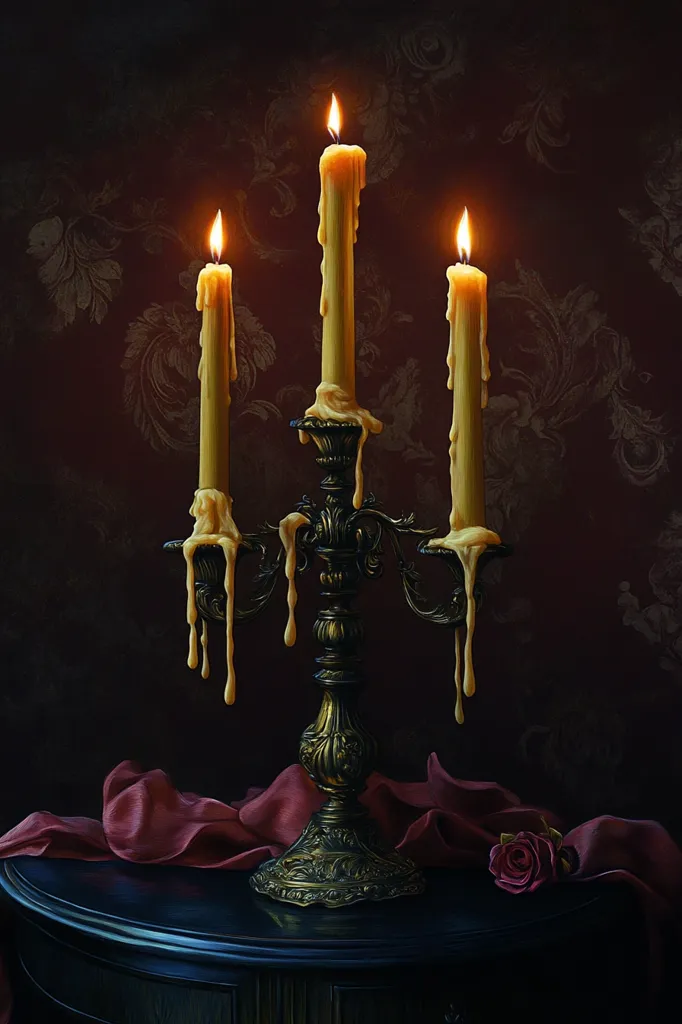 A three-branched ornate gold candelabra holds three dripping, burning candles.  The melted wax flows down the candlestick's curves.  The candelabra rests on a dark table draped with burgundy fabric, beside a single dark red rose. The background features a dark, patterned wallpaper, creating a dramatic, moody atmosphere.