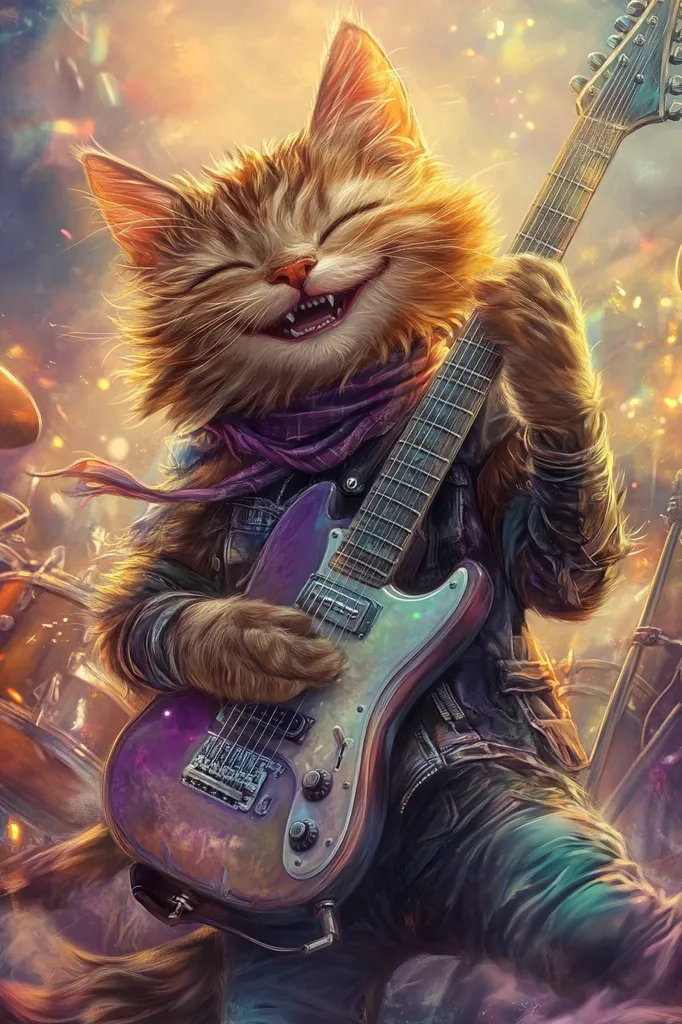 A joyful ginger cat, wearing a purple scarf and leather jacket, grins widely as it plays a vibrant, iridescent electric guitar.  The background suggests a lively concert setting with blurred lights and a hint of a drum kit. The cat's fur is detailed, contrasting with the gleaming guitar. The overall style is vibrant and fantastical.