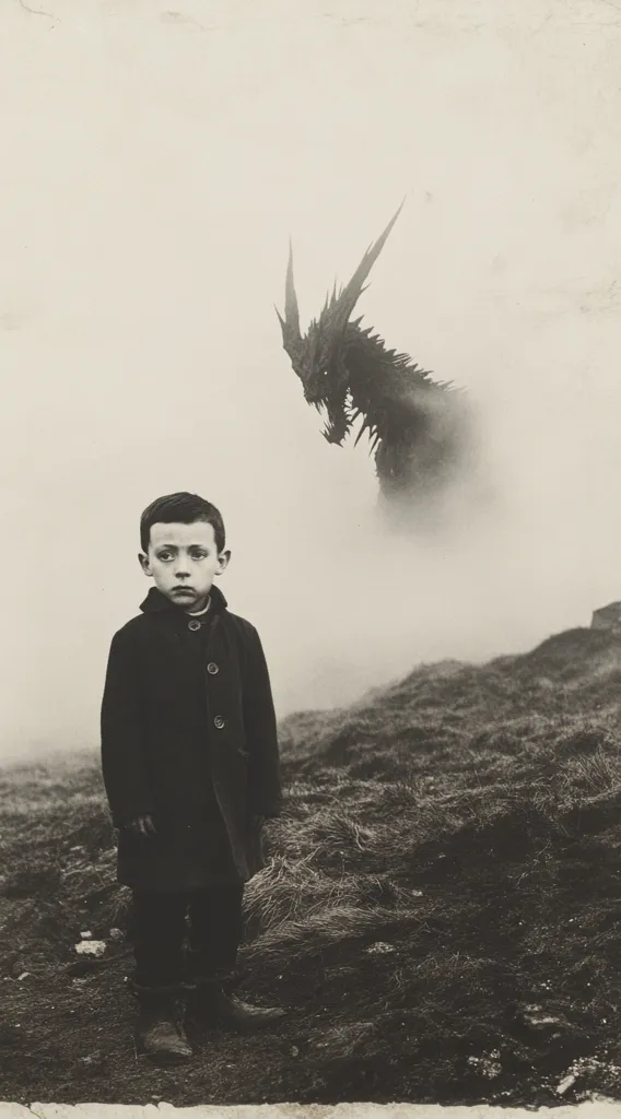 A monochromatic image depicts a young boy, solemnly standing in a desolate, foggy landscape.  He is dressed in a dark coat and sturdy shoes.  Looming in the background, partially obscured by mist, is a shadowy, monstrous figure resembling a dragon, creating a surreal and unsettling atmosphere.  The overall tone evokes feelings of loneliness and impending danger.
