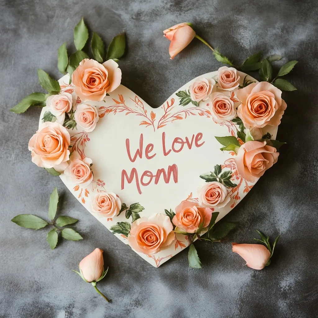 A heart-shaped sign adorned with peach roses and greenery sits on a dark gray background.  The sign reads "We Love Mom" in a delicate script.  Several additional rosebuds are scattered around the heart, creating a loving and heartfelt Mother's Day arrangement. The image is soft and romantic, conveying a message of appreciation and love.