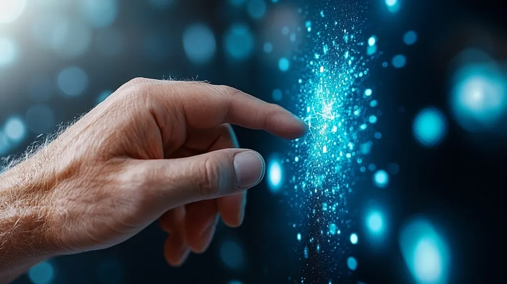 A hand reaches out, its index finger gently touching a vibrant, blue, digital network.  The network is depicted as a glowing, particle-based cloud, suggesting connection and interaction. The background is blurred, highlighting the digital element.  The image evokes a sense of technological advancement and human interaction with data.