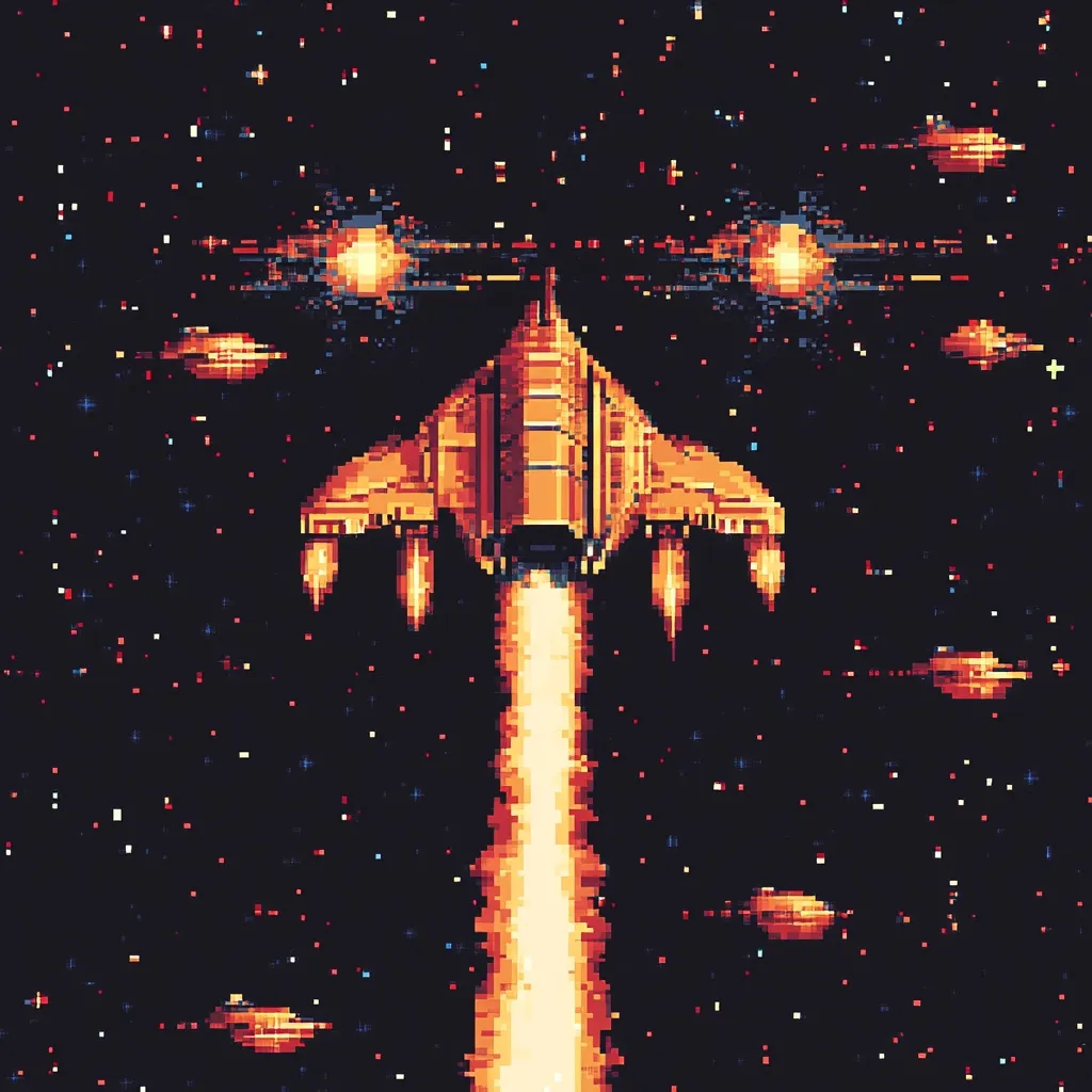 A pixel art depiction of a spaceship in space, leaving a fiery trail.  The spacecraft is orange and is firing at enemy ships, shown as smaller pixelated objects. Explosions are visible in the background amidst a starry night sky. The overall style evokes classic arcade space shooters.