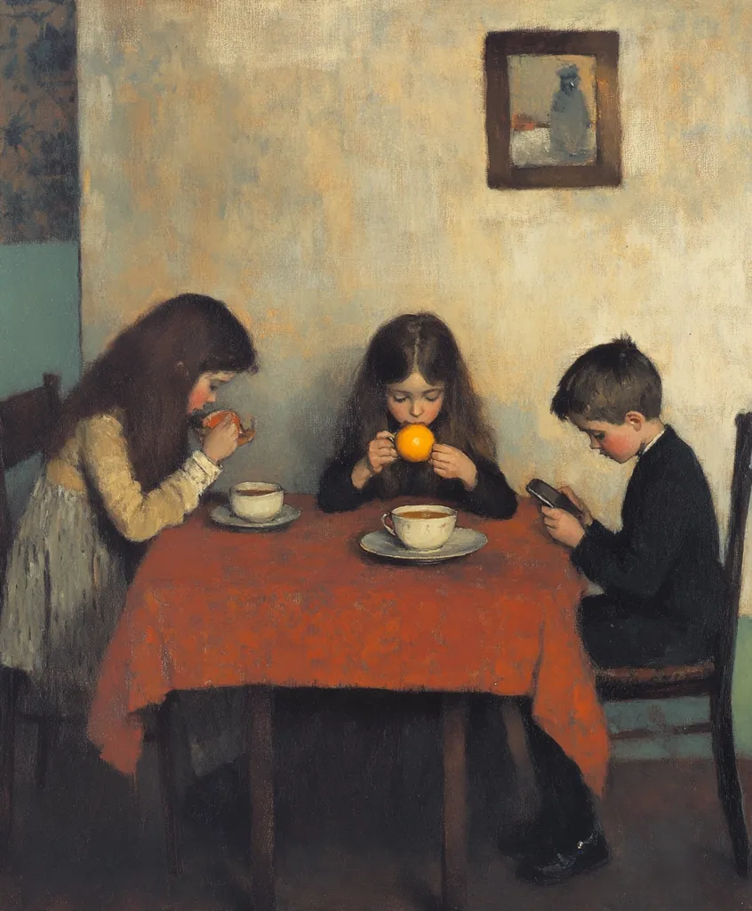 Three children sit at a table with orange-hued tablecloth. Two girls are drinking from teacups; one holds an orange. A boy sits at the end, seemingly engrossed in a small object. The muted color palette and the children's contemplative expressions create a quiet, intimate scene. A framed picture hangs on the wall above them, adding to the overall stillness of the painting. The painting's style is realistic, with careful attention to detail and texture.
