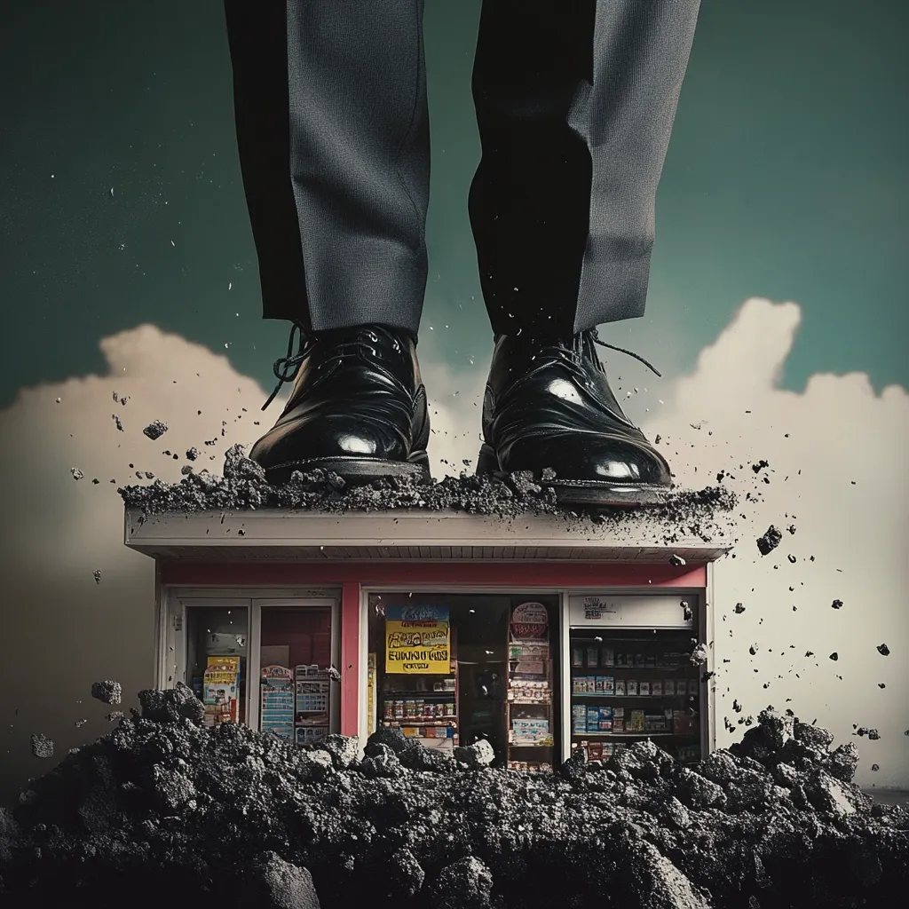 Giant legs in black dress shoes stand on a small convenience store, crushing it into the ground.  Debris flies outward as the store is pulverized beneath the immense weight. The scene is dramatic and surreal, suggesting corporate dominance or the overpowering effects of larger entities on smaller businesses.  The sky is muted, adding to the overall feeling of oppression.