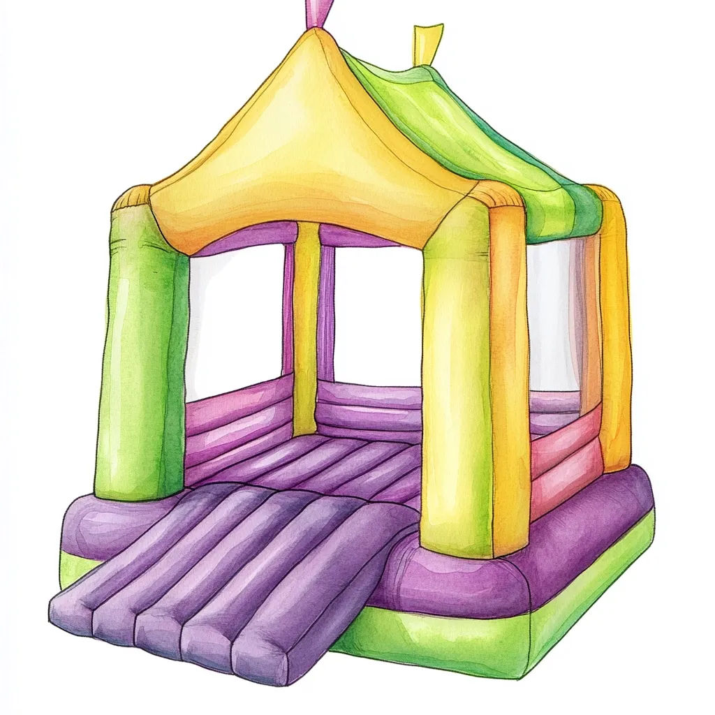 A watercolor illustration of a colorful inflatable bouncy castle.  The castle is predominantly purple and features lime green and yellow panels.  It has a peaked roof and a purple inflatable ramp for easy entry and exit. The design is playful and suggests fun for children. The bouncy castle is isolated against a white background.